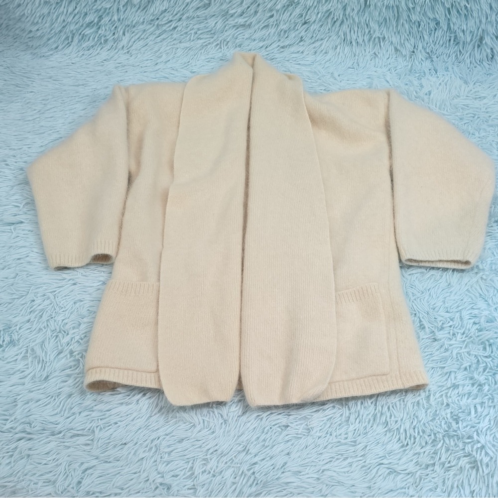 Adele Joyce Lambswool Angora Blend Cardigan Sweater Jacket Cream Fuzzy Medium